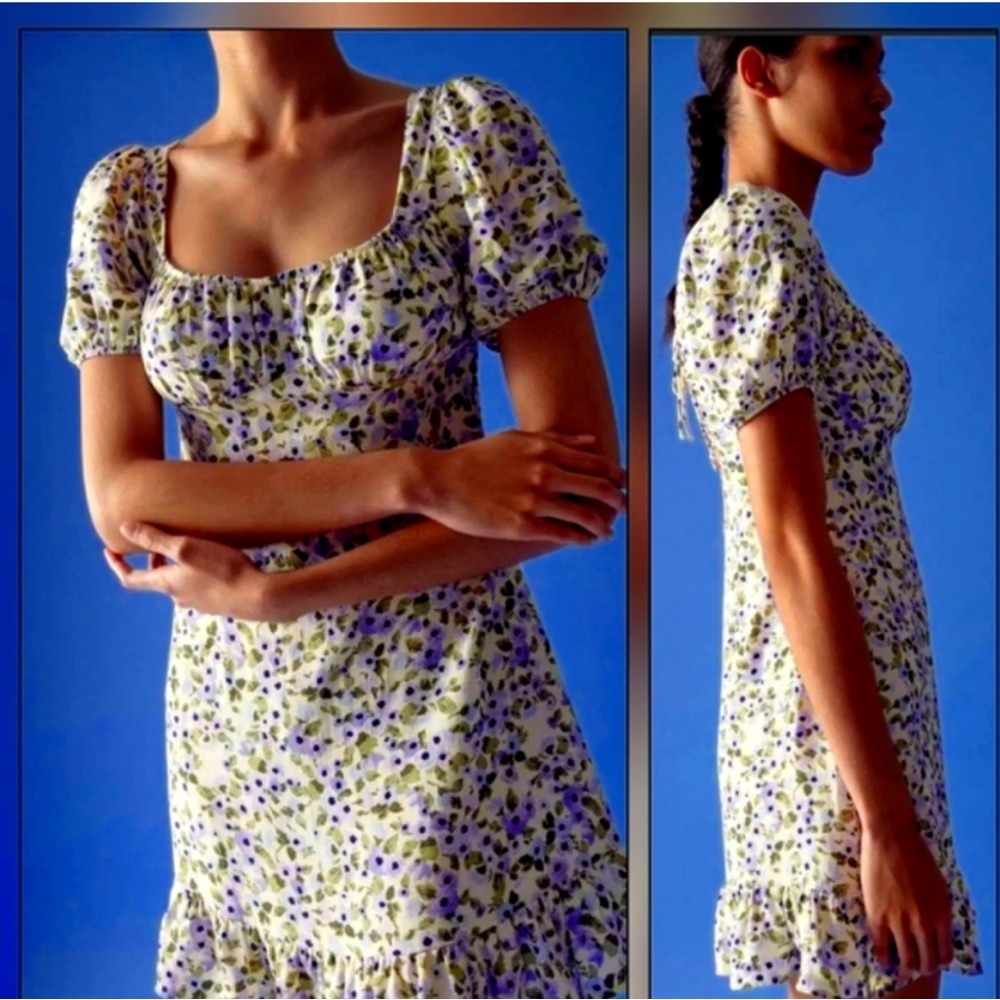 Zara Lilac Mint Mini Dress w/ Puff Sleeves, Ruffle & Lace Back